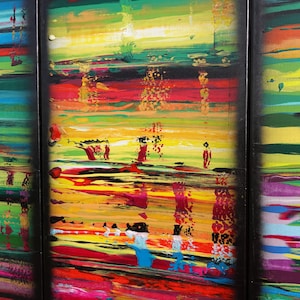 The image is a vibrant, abstract painting with bold colors and dynamic brushstrokes. The painting is divided into three panels, each showcasing a different section of the artwork. The panels feature a mix of warm and cool colors, creating a visually striking and energetic composition. The painting is a captivating display of abstract art, with the artist's use of color and brushwork bringing the scene to life.