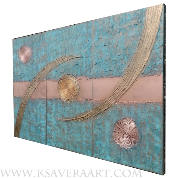 Copper Patina Abstract painting A1211 by artist Ksavera - large textured triptych, original abstract textured paintings - READY to HANG