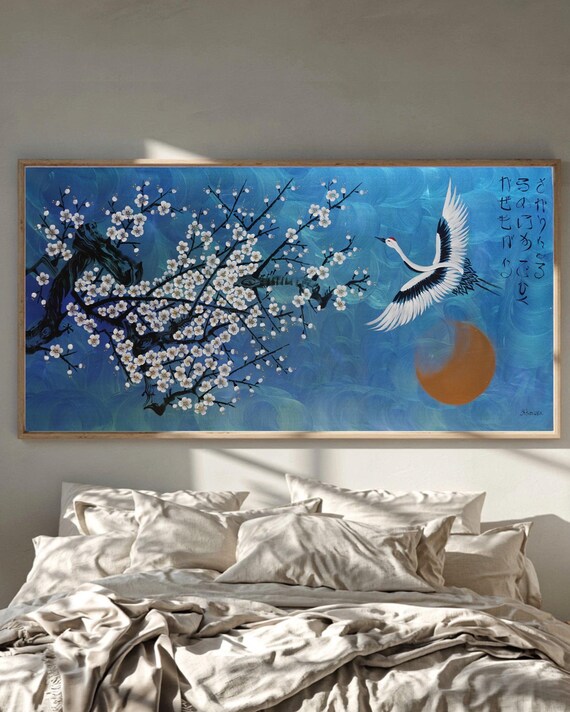 Japanese Crane J520 | Original Acrylic Painting on Large Canvas | Luxury Wall Art by Ksavera