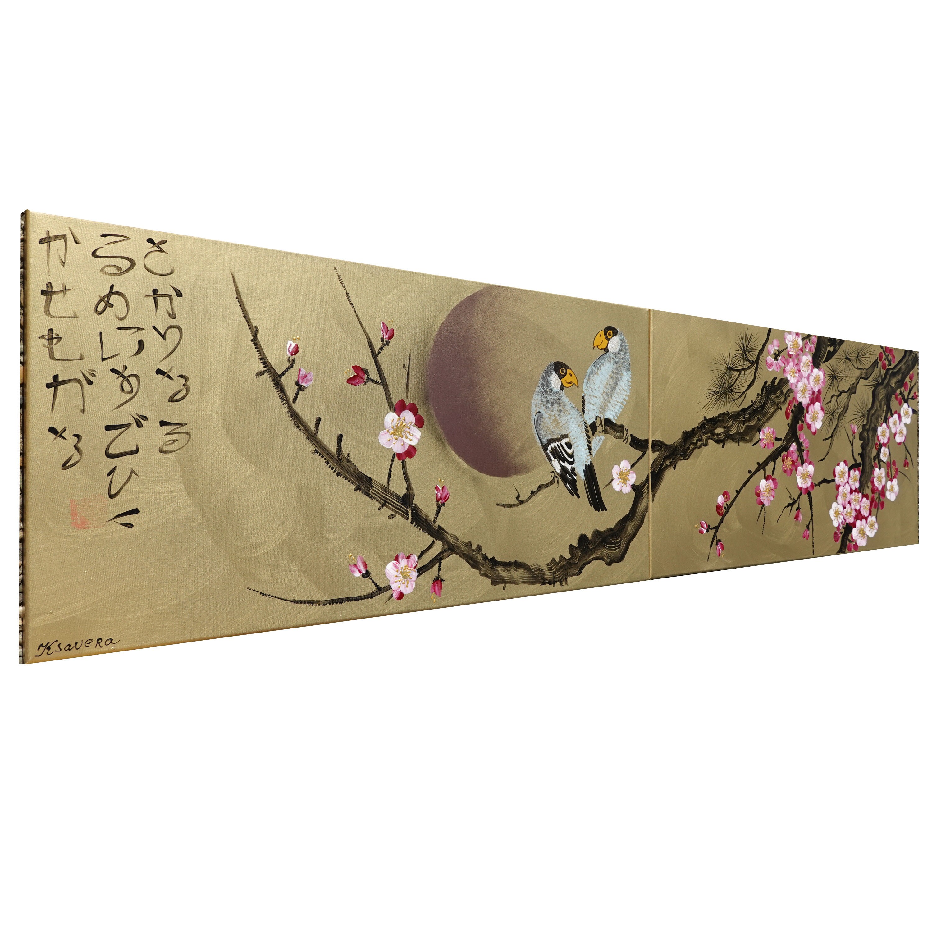 Japanese painting sakura branch sun and birds Japan Hieroglyph original  artwork in japanese style J181 wall art by artist Ksavera