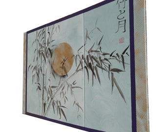 Japan art Bamboo and moon Japanese style painting J177 Large gray art stretched canvas acrylic paintings gold wall art by artist Ksavera