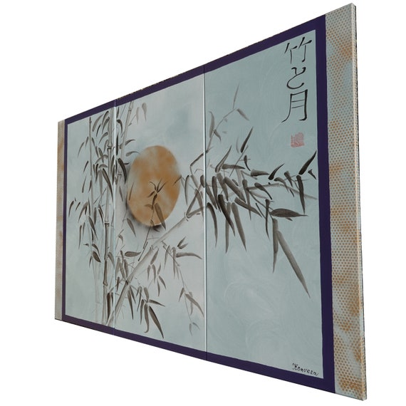Japan art Bamboo and moon Japanese style painting J177 Large gray art stretched canvas acrylic paintings gold wall art by artist Ksavera