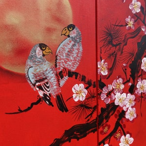 Rot Japan art cherry blossom and love birds Japanese style Zen painting J187 Large paintings acrylic gold wall art by artist Ksavera image 3