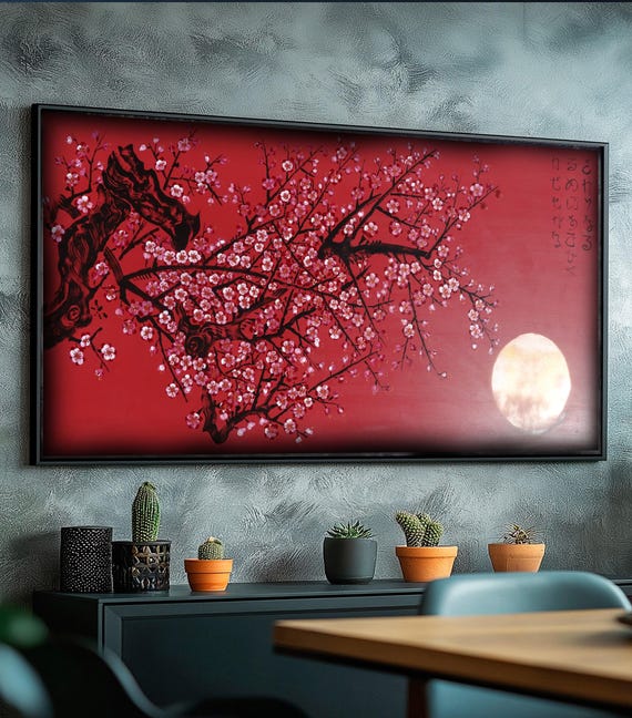 Bronze Japanese Painting J422 | Modern floral Wall Art | Red Original Canvas | Contemporary Home Decor | Ksavera