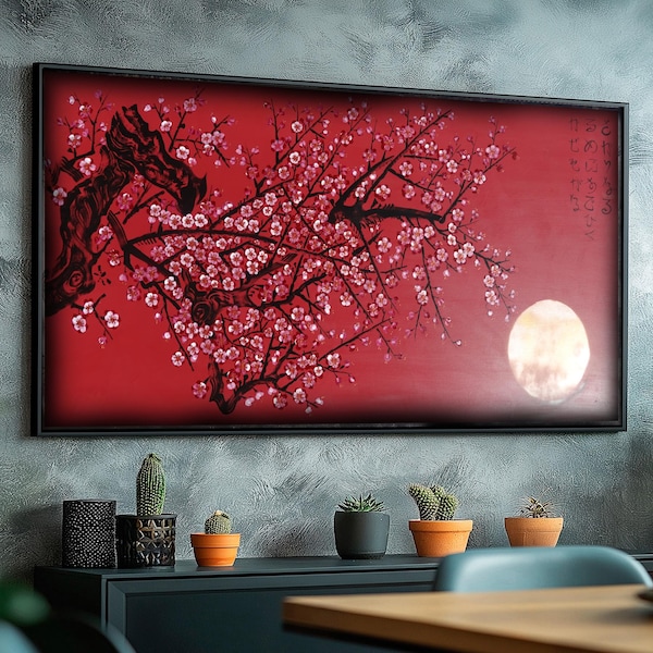 Bronze Japanese Painting J422 | Modern floral Wall Art | Red Original Canvas | Contemporary Home Decor | Ksavera