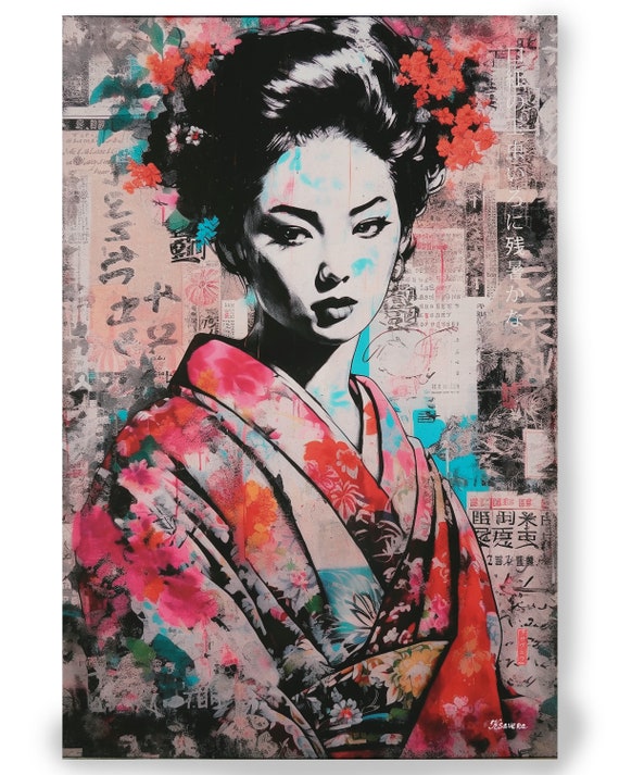 Japanese geisha DS0378 by artist Ksavera - Giclée print on the stretched canvas or the unstretched canvas, the fleece blanket or mat rug
