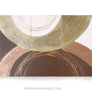 The image is a triptych consisting of three panels, each featuring abstract shapes and lines in various colors, including gold, brown, and pink.