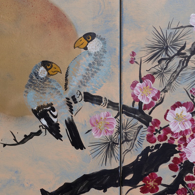 Japanese painting sakura branch sun and birds Japan Hieroglyph original artwork in japanese style J181 wall art by artist Ksavera image 5