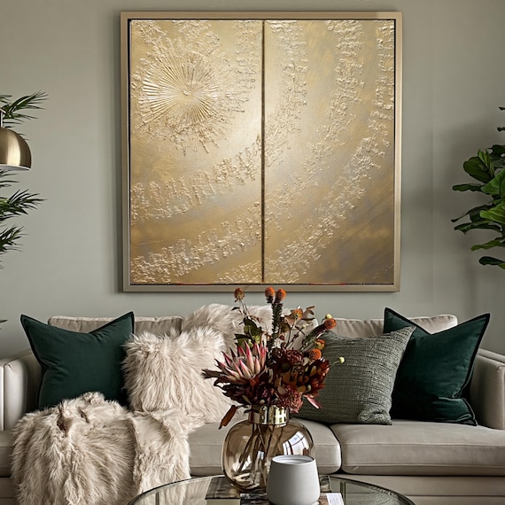 Abstract Diptych Painting A633 Gold Swirl Texture - Hand Painted Canvas by Ksavera