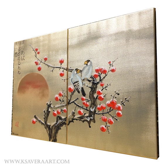 Gold paintings J323 - Snow Appletree and love birds - Japanese style painting stretched gold canvas Japan wall art by artist Ksavera
