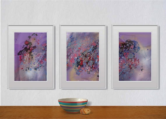 Set of 3 Fluid abstract original paintings on paper A4 - 18J038