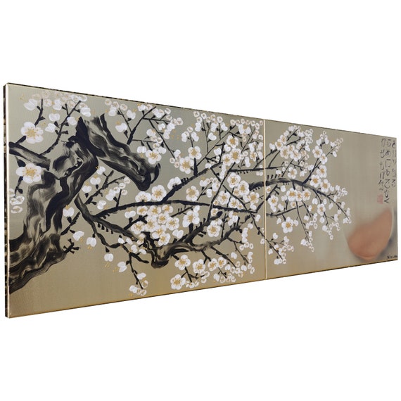 Cherry blossom and love birds - Japanese style painting J339 Gold paintings Japan art stretched canvas acrylic wall art by artist Ksavera