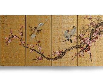 Japan art J348 cherry blossom and love birds Japanese style painting Quadriptych Large paintings art gold wall art by artist Ksavera