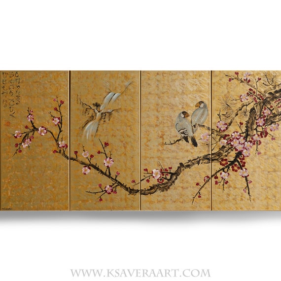 Japan art J348 cherry blossom and love birds Japanese style painting Quadriptych Large paintings art gold wall art by artist Ksavera