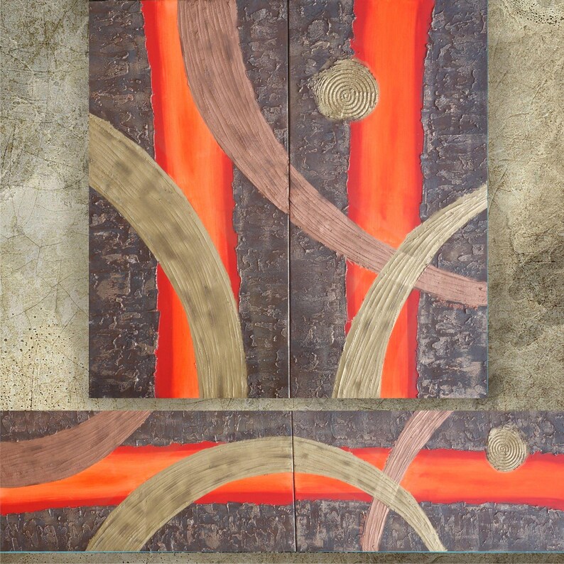 The image is a large abstract painting with bold, vibrant colors and dynamic shapes. The painting features a mix of warm and cool tones, with a prominent red and orange color scheme. The artwork is composed of various curved lines and shapes, creating a sense of movement and energy. The composition is visually striking and captures the viewer's attention.