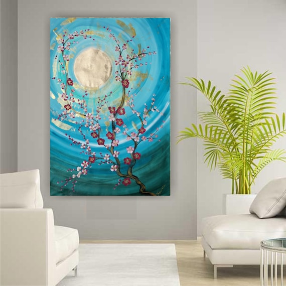 large blue painting Cherry blossom sun Zen japanese style 110x160 cm unstretched canvas  J096 Japan art original artwork by artist Ksavera