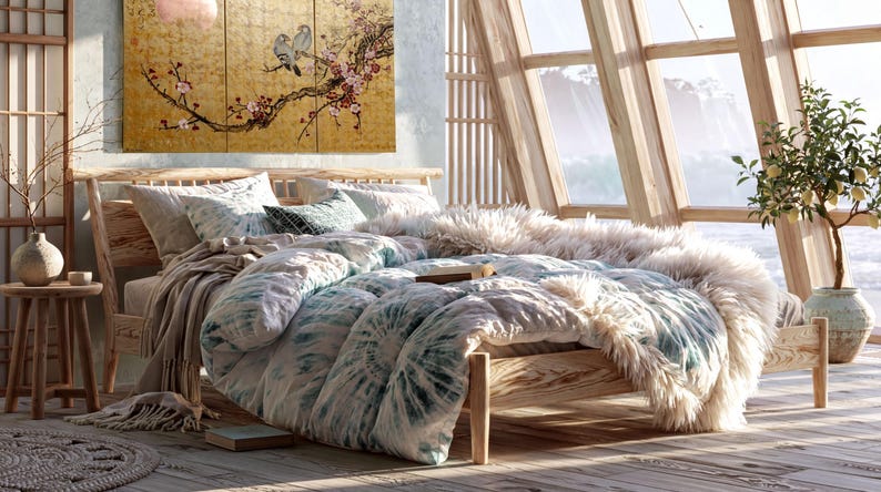 a cozy bedroom with a large bed, a wooden headboard, and a large window overlooking a scenic view. The room has a warm and inviting atmosphere, with a mix of natural and artificial elements, such as a potted plant, a vase, and a painting on the wall.