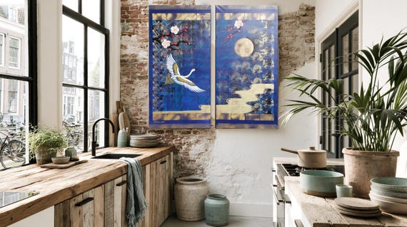 Japanese Crane Moon Painting J125 Blue Gold Japandi Canvas Set by Ksavera