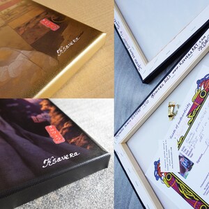 The image is a collage of four photos, each featuring a different color and style of canvas. The photos include a close-up of a canvas with a signature, a close-up of a canvas with a signature, a close-up of a canvas with a signature, and a close-up of a canvas with a signature.