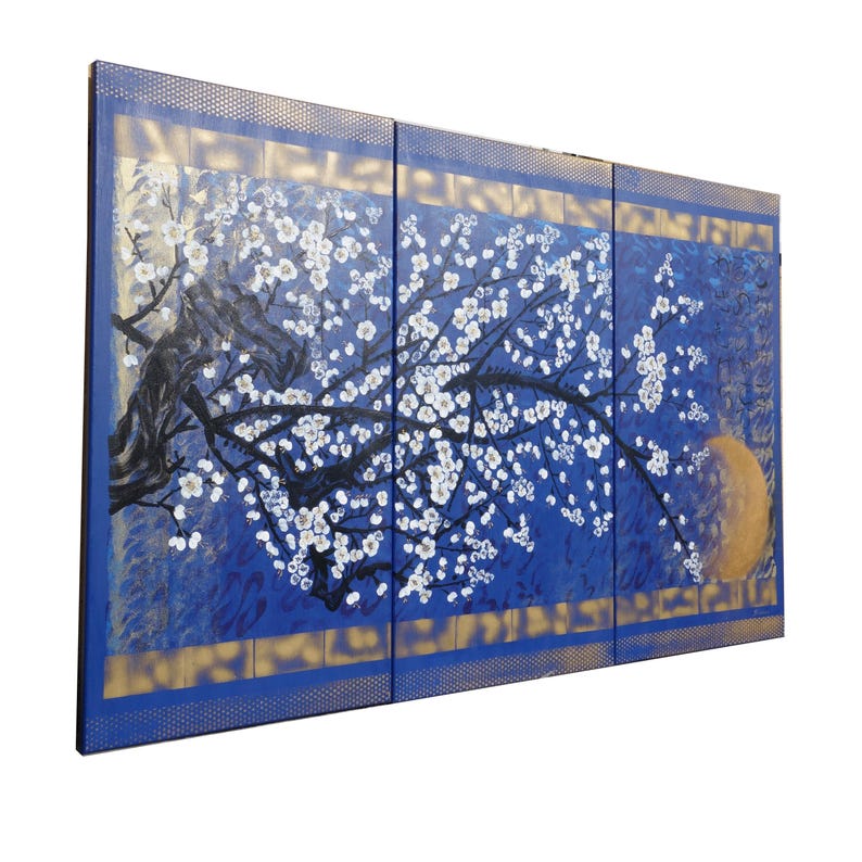 A large, colorful painting depicting a tree with white flowers against a blue background.