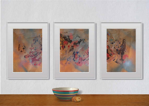 Set of 3 Fluid abstract original paintings on paper A4 - 18J044