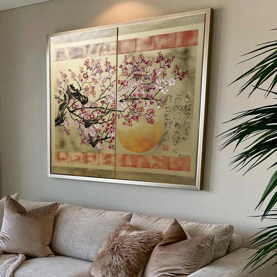 Japanese sakura J308 - gold diptych, original art, japanese style paintings by artist Ksavera
