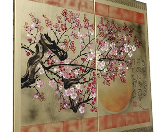 Japanese sakura J308 - gold diptych, original art, japanese style paintings by artist Ksavera