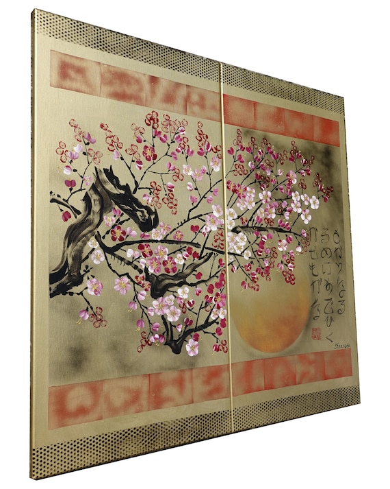 Japanese sakura J308 - gold diptych, original art, japanese style paintings by artist Ksavera