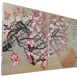 Cherry blossom Japanese style painting J337 Gold paintings Japan art stretched canvas acrylic wall art by artist Ksavera image 1