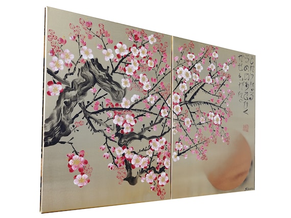 Cherry blossom - Japanese style painting J337 Gold paintings Japan art stretched canvas acrylic wall art by artist Ksavera