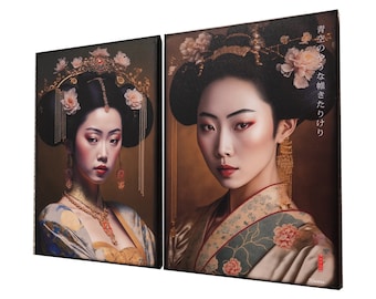 Japanese gold geisha DS0248 by artist Ksavera - set of 2 giclee prints on stretched canvas, black or gold edges. READY to HANG - diptych