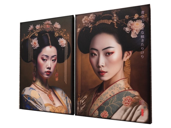Japanese gold geisha DS0248 by artist Ksavera - set of 2 giclee prints on stretched canvas, black or gold edges. READY to HANG - diptych