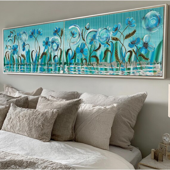 Blue Poppies in rain B201 luxurious diptych floral acrylic paintings by Ksavera
