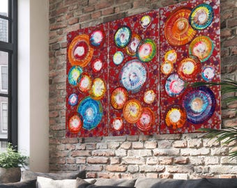Tríptico abstracto de arte mural rojo, 100 x 150 cm, 3 lienzos, A1238, obra original de Ksavera.