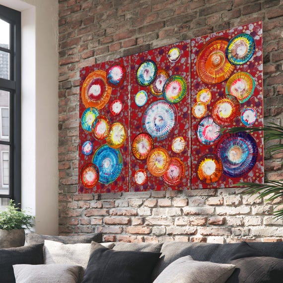 Abstract Red Rainbow Circles Triptych A1238 Large Acrylic Canvas Set by Ksavera