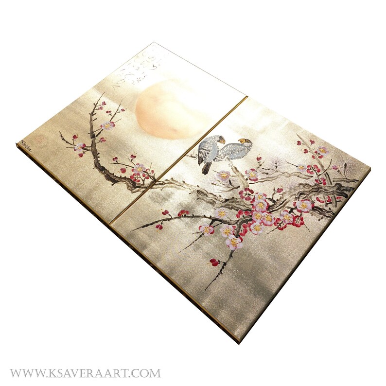 The image is a two-panel artwork featuring a pair of birds perched on branches with pink and white flowers. The artwork is set against a pale background, which highlights the intricate details of the birds and flowers.