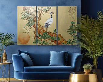 Japanese crane J380 - large triptych, original art, japanese style paintings by artist Ksavera