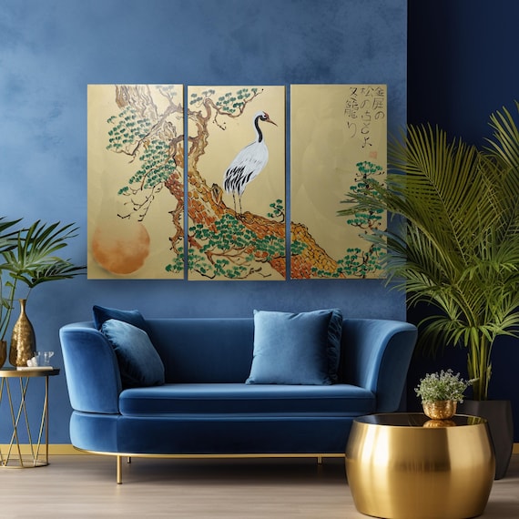 Japanese crane J380 - large triptych, original art, japanese style paintings by artist Ksavera