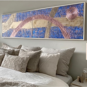 Peinture abstraite texturée bleue originale A246, décoration murale bleue et or par Ksavera