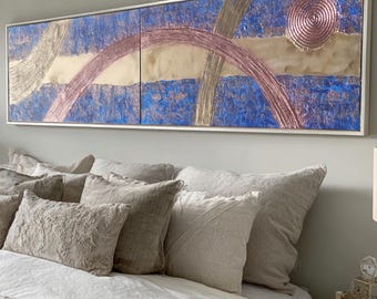 Pintura abstracta original azul con textura A246 para decoración de pared en azul y dorado de Ksavera