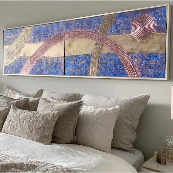 Abstract Wall Art Set A246 Blue Gold Textured Acrylic diptych by Ksavera