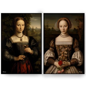 The image is a collage of two paintings depicting two women in elaborate, ornate dresses.