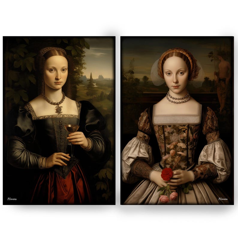 The image is a collage of two paintings depicting two women in elaborate, ornate dresses.