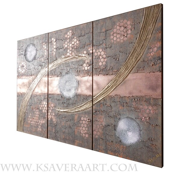 Copper rusty Abstract painting A1232 by artist Ksavera - large textured triptych, original abstract textured paintings - READY to HANG