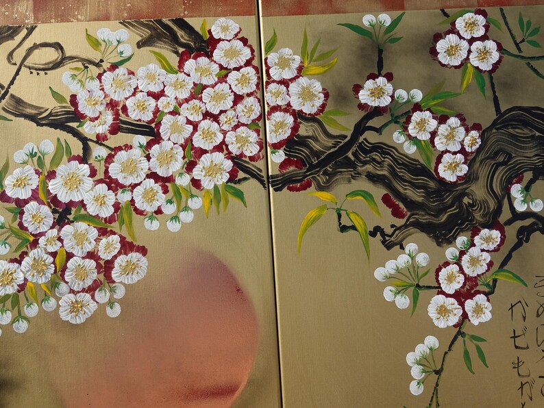 The image is a vibrant and detailed painting of a branch with white and red flowers, along with green leaves. The painting is divided into two sections, with the left side featuring a large cluster of flowers and the right side showcasing a smaller cluster of flowers. The overall composition and color palette create a visually appealing and harmonious artwork.