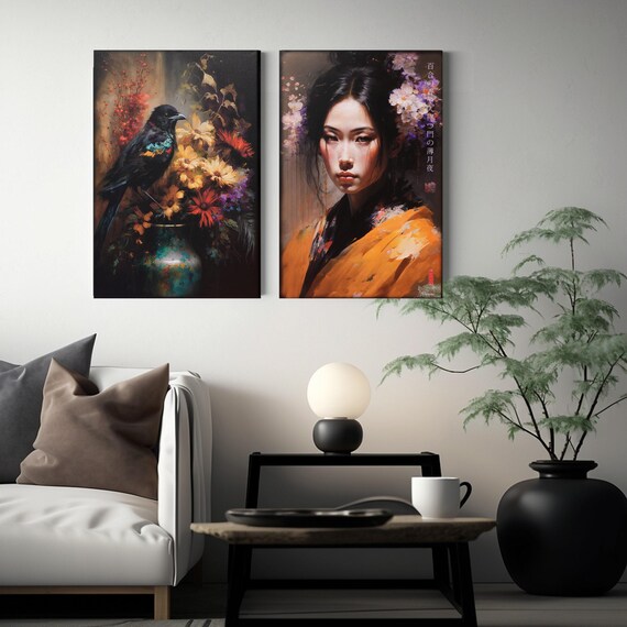 Japanese gold geisha DS0242 by artist Ksavera - set of 2 giclee prints on stretched canvas, black or gold edges. READY to HANG - diptych