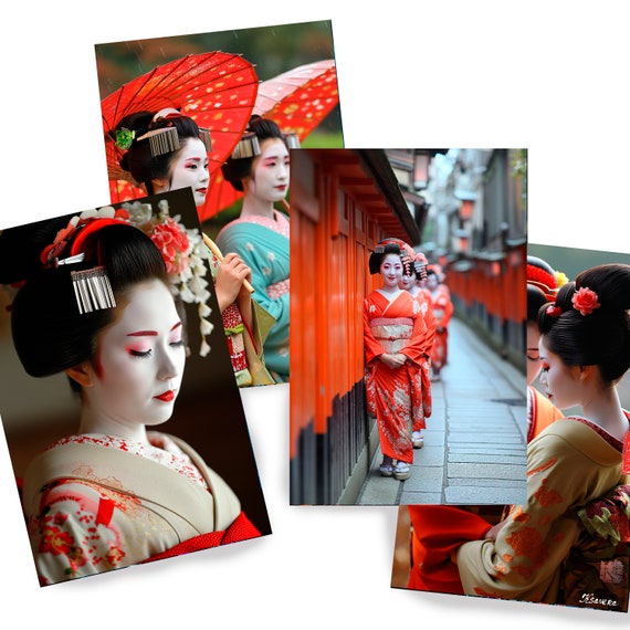 Japanese geisha DS0591 by Ksavera - Digital print set of 4 - synthography fine art prints - Printed on glossy premium fine art photo paper.