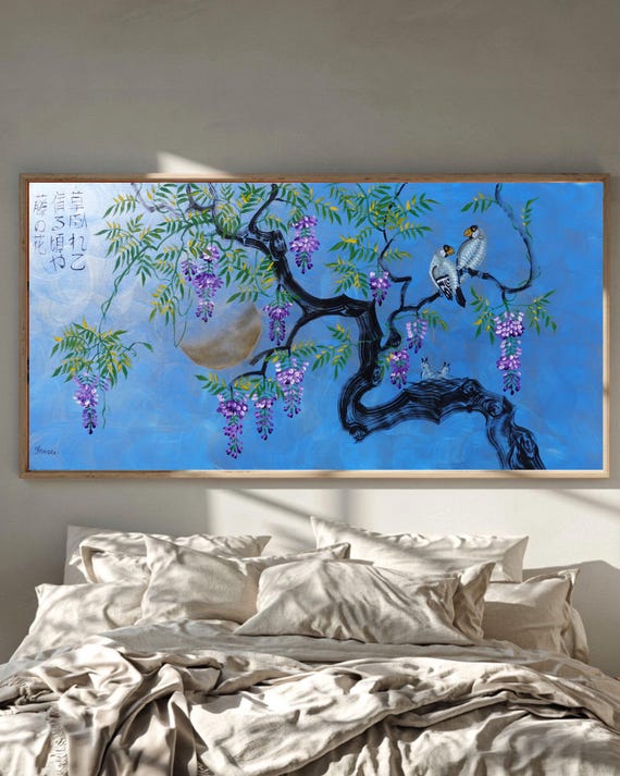 Japanese Birds J513 | Original Acrylic Painting on Large Canvas | Blue Wall Art by Ksavera
