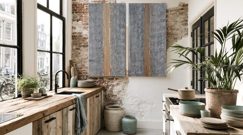 a modern kitchen with a rustic touch, featuring wooden countertops, a large window, and a brick wall. The kitchen is well-equipped with various appliances and utensils, including a sink, stove, and a large potted plant. The overall design and decor create a harmonious and inviting atmosphere.