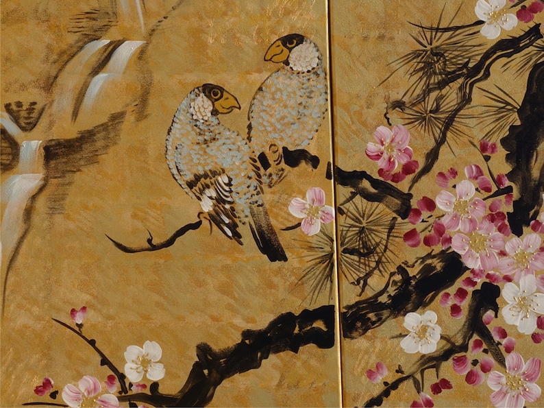 Japan art cherry blossom and love birds Japanese style Zen painting J135 Large paintings acrylic gold wall art by artist Ksavera image 2
